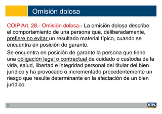 Omisión dolosa
COIP Art. 28.- Omisión dolosa.- La omisión dolosa describe
el comportamiento de una persona que, deliberadamente,
prefiere no evitar un resultado material típico, cuando se
encuentra en posición de garante.
Se encuentra en posición de garante la persona que tiene
una obligación legal o contractual de cuidado o custodia de la
vida, salud, libertad e integridad personal del titular del bien
jurídico y ha provocado o incrementado precedentemente un
riesgo que resulte determinante en la afectación de un bien
jurídico.
20
 