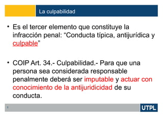 La culpabilidad
3
• Es el tercer elemento que constituye la
infracción penal: “Conducta típica, antijurídica y
culpable”
• COIP Art. 34.- Culpabilidad.- Para que una
persona sea considerada responsable
penalmente deberá ser imputable y actuar con
conocimiento de la antijuridicidad de su
conducta.
 