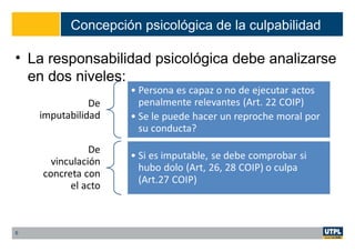 Concepción psicológica de la culpabilidad
• La responsabilidad psicológica debe analizarse
en dos niveles:
6
 