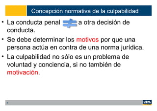 Concepción normativa de la culpabilidad
• La conducta penal a otra decisión de
conducta.
• Se debe determinar los motivos por que una
persona actúa en contra de una norma jurídica.
• La culpabilidad no sólo es un problema de
voluntad y conciencia, si no también de
motivación.
8
 