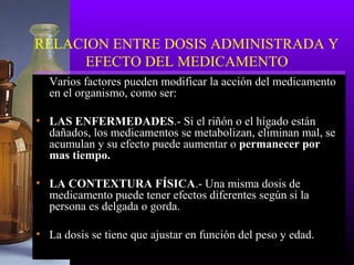 RELACION ENTRE DOSIS ADMINISTRADA Y
EFECTO DEL MEDICAMENTO
Varios factores pueden modificar la acción del medicamento
en el organismo, como ser:
• LAS ENFERMEDADES.- Si el riñón o el hígado están
dañados, los medicamentos se metabolizan, eliminan mal, se
acumulan y su efecto puede aumentar o permanecer por
mas tiempo.
• LA CONTEXTURA FÍSICA.- Una misma dosis de
medicamento puede tener efectos diferentes según si la
persona es delgada o gorda.
• La dosis se tiene que ajustar en función del peso y edad.
 