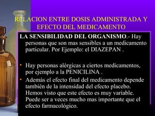 RELACION ENTRE DOSIS ADMINISTRADA Y
EFECTO DEL MEDICAMENTO
LA SENSIBILIDAD DEL ORGANISMO.- Hay
personas que son mas sensibles a un medicamento
particular. Por Ejemplo: el DIAZEPAN .
• Hay personas alérgicas a ciertos medicamentos,
por ejemplo a la PENICILINA .
• Además el efecto final del medicamento depende
también de la intensidad del efecto placebo.
Hemos visto que este efecto es muy variable.
Puede ser a veces mucho mas importante que el
efecto farmacológico.
 