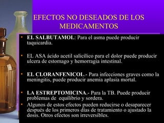 EFECTOS NO DESEADOS DE LOS
MEDICAMENTOS
• EL SALBUTAMOL: Para el asma puede producir
taquicardia.
• EL ASA ácido acetil salicílico para el dolor puede producir
ulcera de estomago y hemorragia intestinal.
• EL CLORANFENICOL.- Para infecciones graves como la
meningitis, puede producir anemia aplasia mortal.
• LA ESTREPTOMICINA.- Para la TB. Puede producir
problemas de equilibrio y sordera.
• Algunos de estos efectos pueden reducirse o desaparecer
después de los primeros días de tratamiento o ajustado la
dosis. Otros efectos son irreversibles.
 