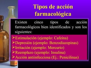 Tipos de acción
farmacológica
Existen cinco tipos de acción
farmacológicos bien identificados y son los
siguientes:
Estimulación (ejemplo: Cafeína)
Depresión (ejemplo: Benzodiazepinas)
Irritación (ejemplo: Mercurio)
Reemplazo (ejemplo: Insulina)
Acción antiinfecciosa (Ej.: Penicilinas)
 
