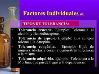 • Tolerancia cruzada. Ejemplo: Tolerancia al
alcohol y Benzodiazepinas.
• Tolerancia de especie. Ejemplo: Los conejos
toleran a la Atropina.
• Tolerancia congénita. Ejemplo: Hijos de
mujeres adictas a cocaína demuestran tolerancia
a la misma.
• Tolerancia adquirida. Ejemplo: Tolerancia a la
Morfina, que puede llegar a la dependencia.
Factores Individuales (II)
TIPOS DE TOLERANCIA:
 