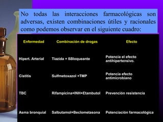 No todas las interacciones farmacológicas son
adversas, existen combinaciones útiles y racionales
como podemos observar en el siguiente cuadro:
Enfermedad Combinación de drogas Efecto
Hipert. Arterial Tiazida + ßBloqueante
Potencia el efecto
antihipertensivo.
Cistitis Sulfmetoxazol +TMP
Potencia efecto
antimicrobiano
TBC Rifampicina+INH+Etambutol Prevención resistencia
Asma bronquial Salbutamol+Beclometasona Potenciación farmacológica
 