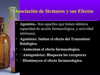 Asociación de fármacos y sus Efectos
• Agonista.- Son aquellos que tienen idéntica
capacidad de acción farmacológica, y actividad
intrínseca.
• Agonistas: Imitan el efecto del Transmisor
fisiológico.
• �Aumentan el efecto farmacologico.
• �Antagonistas: Bloquean los receptores
• �Disminuyen el efecto farmacologico.
 