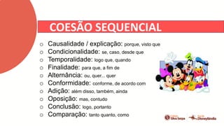 COESÃO SEQUENCIAL
o Causalidade / explicação: porque, visto que
o Condicionalidade: se, caso, desde que
o Temporalidade: logo que, quando
o Finalidade: para que, a fim de
o Alternância: ou, quer... quer
o Conformidade: conforme, de acordo com
o Adição: além disso, também, ainda
o Oposição: mas, contudo
o Conclusão: logo, portanto
o Comparação: tanto quanto, como
 
