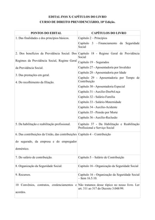 EDITAL INSS X CAPÍTULOS DO LIVRO
CURSO DE DIREITO PREVIDENCIÁRIO, 10ª Edição.
PONTOS DO EDITAL CAPÍTULOS DO LIVRO
1. Das f...