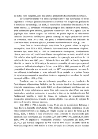 de frutas, fumo e algodão, estes dois últimos produtos tradicionalmente importados.
Esse desenvolvimento com base no protecionismo e nas exportações foi muito
importante, sobretudo pelo relacionamento da Austrália com a Inglaterra, permitindo
a importação de tecnologia. Em 1956, as exportações australianas totalizavam 17% da
renda nacional. As atividades econômicas principais, até a Primeira Guerra Mundial,
eram constituídas pela pecuária, agricultura e mineração. Em 1911, apenas 20% da
população ativa estava ocupada na indústria. O grande impulso ao crescimento
industrial decorreu da instalação da grande siderurgia na região produtora de carvão
de Newcastle, entre 1914/1918. Isso gerou o desenvolvimento das indústrias de
construção naval, máquinas agrícolas, tratores e automóveis (Mota, 1964, p. 235).
Outro fator da industrialização australiana foi o grande afluxo de capitais
estrangeiros, entre 1918 e 1929, sobretudo norte-americanos, canadenses e ingleses.
Estima-se que, entre 1947 e 1957, os investimentos estrangeiros, principalmente
diretos, montaram a 675 milhões de libras e os empréstimos do Banco Mundial a US$
318 milhões. Mais significativas foram as receitas de exportação, que subiram de 223
milhões de libras em 1945, para 1 bilhão de libras em 1955. A Grande Depressão
Mundial da década de 1930 atingiu fortemente a Austrália, de sorte que o pessoal
ocupado na indústria não chegou a dobrar, entre 1928 e 1948, passando de 450 mil
para 849 mil. Contudo, sete anos mais tarde, em 1955, esse país contava com mais de
um milhão de trabalhadores no setor industrial. Nesse período, os principais fatores
do crescimento econômico australiano foram as exportações e o afluxo de capital
estrangeiro (Mota, 1964, p. 238).
Conclui-se que, em face do isolamento geográfico, sem as vinculações da
Austrália com a Comunidade Britânica, que lhe permitiu inserir-se dinamicamente no
comércio internacional, seria muito difícil seu desenvolvimento econômico em um
período de tempo relativamente curto. Esse país conseguiu diversificar sua pauta
exportadora, substituir importações e incentivar o ingresso de capitais externos. Foi
fundamental também o papel do Estado na realização de investimentos em
transportes, comunicações, irrigação e energia elétrica e na adoção de políticas de
proteção à indústria nacional nascente.
Entre 1965 e 1980, a Austrália cresceu 4% ao ano, no mesmo ritmo da França e
mais do que a Alemanha e EUA. Entre 1980 e 1990, sua economia expandiu-se em um
ritmo somente inferior ao do Japão, em relação ao grupo de países da Tabela 2.1 de
Souza, 2005, e Tabela 1. Esse crescimento mais acelerado foi impulsionado pelo
dinamismo das exportações, que cresceram 7,9% entre 1990/1999, contra 6,9% entre
1980/1990. As exportações continuaram crescendo rapidamente em 1998/1999
(6,1%), o que manteve a expansão do PNB total em 3,8% ao ano. Em 1999, o PNB da
Austrália atingiu US$ 380,8 bilhões e o PNB per capita US$ 20.050, um dos maiores
 