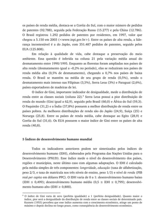 os países de renda média, destaca-se a Coréia do Sul, com o maior número de pedidos
de patentes (92.788), seguida pela Federação Russa (15.277) e pela China (12.786).
O Brasil registrou 1.292 pedidos de patentes por residentes, em 1997, valor que
chegou a 5.150 em 2003 (<www.inpi.gov.br>). Entre os países de alta renda, a lide-
rança incontestável é a do Japão, com 351.487 pedidos de patentes, seguido pelos
EUA (125.808).
Em relação à qualidade de vida, cabe destaque a preservação do meio
ambiente. Essa questão é inferida na coluna 21 pela variação média anual do
desmatamento entre 1990/1995. Enquanto as florestas foram ampliadas nos países de
alta renda (desmatamento igual a –0,2% no período), elas se reduziram nos países de
renda média alta (0,5% de desmatamento), chegando a 0,7% nos países de baixa
renda. O Brasil se mantém na média de seu grupo de renda (0,5%), sendo o
desmatamento mais intenso nas Filipinas (3,5%), Serra Leoa (3%) e Paraguai (2,6%),
países exportadores de madeiras de lei.
O índice de Gini, importante indicador de desigualdade, mede a distribuição de
renda entre as classes sociais (coluna 22).8
Serra Leoa possui a pior distribuição de
renda do mundo (Gini igual a 62,9), seguido pelo Brasil (60,0) e África do Sul (59,3).
O Paquistão (31,2) e a Índia (37,8%) possuem a melhor distribuição de renda entre os
países pobres. As melhores distribuições de renda são do Japão (24,9), Suíça (25) e
Noruega (25,8). Entre os países de renda média, cabe destaque ao Egito (28,9) e
Coréia do Sul (31,6). Os EUA possuem o maior índice de Gini entre os países de alta
renda (40,8).
5 Índices de desenvolvimento humano mundial
Todos os indicadores anteriores podem ser sintetizados pelos índices de
desenvolvimento humano (IDH), elaborados pelo Programa das Nações Unidas para o
Desenvolvimento (PNUD). Esse índice mede o nível do desenvolvimento dos países,
regiões e municípios, neste último caso com algumas adaptações. O IDH é calculado
pela média simples de três componentes: longevidade, educação (taxa de alfabetização,
peso 2/3, e taxa de matrícula nos três níveis de ensino, peso 1/3) e nível de renda (PIB
real per capita em dólares PPC). O IDH varia de 0 a 1: desenvolvimento humano baixo
(IDH ≤ 0,499); desenvolvimento humano médio (0,5 ≤ IDH ≤ 0,799); desenvolvi-
mento humano alto (IDH ≥ 0,800).
8
O índice de Gini varia de zero (perfeita igualdade) a 1 (perfeita desigualdade). Quanto maior o
índice, pior será a desigualdade da distribuição de renda entre as classes sociais de determinado país.
Kuznets (1955) percebeu que esse índice aumenta com o crescimento econômico, atinge um ponto de
máximo e depois declina no longo prazo, como conseqüência do desenvolvimento econômico.
 