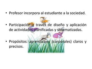 Profesor incorpora al estudiante a la sociedad.Participación a través de diseño y aplicación de actividades planificadas y sistematizadas.Propósitos: aprendizajes (corporales) claros y precisos. 