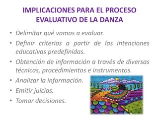 IMPLICACIONES PARA EL PROCESO EVALUATIVO DE LA DANZADelimitar qué vamos a evaluar. Definir criterios a partir de las intenciones educativas predefinidas. Obtención de información a través de diversas técnicas, procedimientos e instrumentos.Analizar la información. Emitir juicios. Tomar decisiones. 