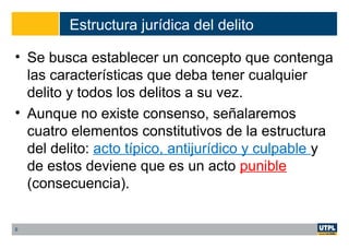 Estructura jurídica del delito
• Se busca establecer un concepto que contenga
las características que deba tener cualquier
delito y todos los delitos a su vez.
• Aunque no existe consenso, señalaremos
cuatro elementos constitutivos de la estructura
del delito: acto típico, antijurídico y culpable y
de estos deviene que es un acto punible
(consecuencia).
6
 