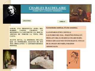 OBRAS
Curiosidades estéticas, El arte romántico.
CHARLES BAUDELAIRE
PADRE DE LA POESIA MODERNA
AMANTES
SARAH, UNA PROSTITUTA JUDÍA DEL
BARRIO LATINO. CHARLES LA
DENOMINA LA LOUCHETTE (LA BIZCA).
ADEMÁS DE TORCER LA VISTA, ERA
CALVA.
JEANNE DUVAL, LA HERMOSA MULATA
QUE LE INSPIRARÍA ALGUNAS DE SUS
MÁS BRILLANTES Y CONTROVERTIDAS
POESÍAS.
LA FANFARLO (ÚNICA NOVELA)
LAS FLORES DEL MAL, PEQUEÑOS POMAS EN
PROSA (EN 1864, EL DIARIO LE FIGARO HABÍA
PUBLICADO ALGUNOS TEXTOS BAJO EL TÍTULO
DE EL SPLEEN DE PARÍS), PARAÍSOS
ARTIFICIALES.
 
