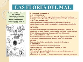 LAS FLORES DEL MAL
CONSTA DE SEIS LIBROS:
I.- SPLEEN E IDEAL
85 poemas sobre la belleza, la poesía, la muerte, el amor, el erotismo,
hastío por la vida. Bendición, el albatros, correspondencias, El vampiro, etc.
II.- CUADROS PARISINOS
Poesía de suburbio: el espectáculo de la ciudad que envuelve de
melancolía con sus personajes marginados. A una mendiga pelirroja, Los
ciegos, etc.
III.- EL VINO
Intento de huida a los paraísos artificiales (embriaguez, el sueño, la
poesía) que no puede conducir a otra cosa que el fracaso. El alma del vino,
El vino del asesino, El vino de los amantes, El vino del solitario.
IV.- LAS FLORES DEL MAL
Voluntad de destrucción, de abrazar el mal, la depravación. Se hunde en
la perversión para obtener de ahí la poesía frente a la ausencia de
salvación.
La destrucción, Mujeres condenadas, Alegoría, La Beatriz, etc.
V.- REBELIÓN
Contra la divinidad, contra el destino y la vida.
La negación de San Pedro, Abel y Caín, Letanías de Satán
VI.- LA MUERTE
Aspiración al reposo, al hundimiento en lo desconocido, pero con la
esperanza de hallar una salida.
La muerte de los amantes, La muerte de los artistas, El fin de la jornada, etc.
El título inicial: Los limbos o
Las lesbianas.
Fue dedicada a Théophile
Gautier.
Fueron condenados por
atentar contra la moral de
Francia
 