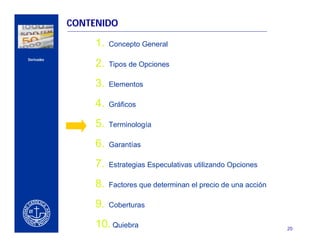 CONTENIDO

                         1.   Concepto General
    Derivados
                         2.   Tipos de Opciones


CERCA DEL CLIENTE
                         3.   Elementos

                         4.   Gráficos

                         5.   Terminología

                         6.   Garantías

                         7.   Estrategias Especulativas utilizando Opciones

                         8.   Factores que determinan el precio de una acción

                         9.   Coberturas

                         10. Quiebra                                            20
 
