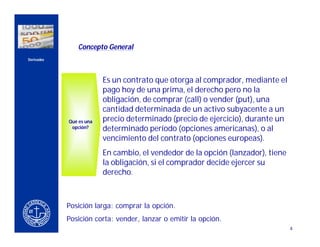 Concepto General
    Derivados




                                 Es un contrato que otorga al comprador, mediante el
CERCA DEL CLIENTE                pago hoy de una prima, el derecho pero no la
                                 obligación, de comprar (call) o vender (put), una
                                 cantidad determinada de un activo subyacente a un
                    Qué es una   precio determinado (precio de ejercicio), durante un
                     opción?     determinado período (opciones americanas), o al
                                 vencimiento del contrato (opciones europeas).
                                 En cambio, el vendedor de la opción (lanzador), tiene
                                 la obligación, si el comprador decide ejercer su
                                 derecho.



                    Posición larga: comprar la opción.
                    Posición corta: vender, lanzar o emitir la opción.
                                                                                         4
 