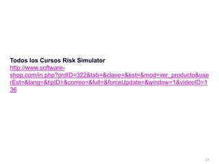 Todos los Cursos Risk Simulator
http://www.software-
shop.com/in.php?prdID=322&tab=&clave=&est=&mod=ver_producto&use
rEst=&lang=&tipID=&correo=&full=&forceUpdate=&window=1&videoID=1
36
21
 