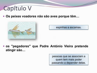 Capítulo V
 Os peixes voadores não são aves porque têm…

espinhas e escamas.

 os "pegadores" que Padre António Vieira pretende

atingir são…
pessoas que se associam a
quem tem mais poder
passando a depender delas.

 