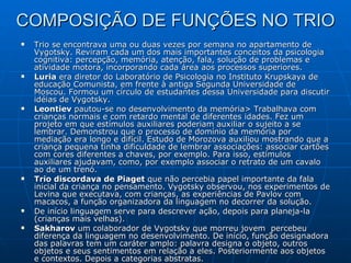 COMPOSIÇÃO DE FUNÇÕES NO TRIO Trio se encontrava uma ou duas vezes por semana no apartamento de Vygotsky. Reviram cada um dos mais importantes conceitos da psicologia cognitiva: percepção, memória, atenção, fala, solução de problemas e atividade motora, incorporando cada área aos processos superiores. Luria  era diretor do Laboratório de Psicologia no Instituto Krupskaya de educação Comunista, em frente à antiga Segunda Universidade de Moscou. Formou um círculo de estudantes dessa Universidade para discutir idéias de Vygotsky.  Leontiev  pautou-se no desenvolvimento da memória> Trabalhava com crianças normais e com retardo mental de diferentes idades. Fez um projeto em que estímulos auxiliares poderiam auxiliar o sujeito a se lembrar. Demonstrou que o processo de domínio da memória por mediação era longo e difícil. Estudo de Morozova auxiliou mostrando que a criança pequena tinha dificuldade de lembrar associações: associar cartões com cores diferentes a chaves, por exemplo. Para isso, estímulos auxiliares ajudavam, como, por exemplo associar o retrato de um cavalo ao de um trenó.  Trio discordava de Piaget  que não percebia papel importante da fala inicial da criança no pensamento. Vygotsky observou, nos experimentos de Levina que executava, com crianças, as experiências de Pavlov com macacos, a função organizadora da linguagem no decorrer da solução.  De início linguagem serve para descrever ação, depois para planeja-la (crianças mais velhas). Sakharov  um colaborador de Vygotsky que morreu jovem  percebeu diferença da linguagem no desenvolvimento. De início, função designadora das palavras tem um caráter amplo: palavra designa o objeto, outros objetos e seus sentimentos em relação a eles. Posteriormente aos objetos e contextos. Depois a categorias abstratas.  