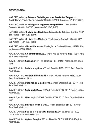 REFERÊNCIAS:
KARDEC,Allan. A Gênese: Os Milagres e as Predições Segundo o
Espiritismo. Tradução de Salvador Gentile. 52ª Ed. Araras – SP: IDE,2018.
KARDEC,Allan. O EvangelhoSegundo o Espiritismo.Tradução de
Salvador Gentile. 365ª Ed. Araras – SP: IDE, 2009.
KARDEC,Allan. O Livro dos Espíritos.Tradução de Salvador Gentile. 182ª
Ed. Araras – SP: IDE, 2009.
KARDEC,Allan. O Livro dos Médiuns.Tradução de Salvador Gentile. 85ª
Ed. Araras – SP: IDE, 2008.
KARDEC,Allan. Obras Póstumas.Tradução de Guillon Ribeiro. 19ª Ed. Rio
de Janeiro: FEB,1983.
XAVIER,Chico. A Caminho da Luz.21ª ed. Rio de Janeiro: FEB, 1995.Pelo
Espírito Emmanuel.
XAVIER,Chico. Nosso Lar. 61ª ed. Brasília: FEB, 2010.Pelo Espírito André
Luiz.
XAVIER,Chico. Os Mensageiros.47ª ed. Brasília: FEB, 2017.Pelo Espírito
André Luiz.
XAVIER,Chico. Missionáriosda Luz. 43ª ed. Rio de Janeiro: FEB,2009.
Pelo Espírito André Luiz.
XAVIER,Chico. Obreiros da Vida Eterna.35ª ed. Brasília: FEB, 2017.Pelo
Espírito André Luiz.
XAVIER,Chico. No MundoMaior.28ª ed. Brasília: FEB, 2017.Pelo Espírito
André Luiz.
XAVIER,Chico. Libertação.33ª ed. Brasília: FEB,2017.Pelo Espírito André
Luiz.
XAVIER,Chico. Entre a Terrae o Céu.27ª ed. Brasília: FEB, 2018.Pelo
Espírito André Luiz.
XAVIER,Chico. Nos domínios da Mediunidade.36ª ed. Brasília: FEB,
2018.Pelo Espírito André Luiz.
XAVIER,Chico. Ação e Reação.30ª ed. Brasília: FEB, 2017.Pelo Espírito
André Luiz.
 