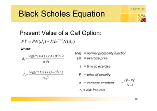 Black Scholes Equation 

Present Value of a Call Option: 
                                   - r  t 
PV  = PN (  1 ) - EXe  f N (  2 ) 
          d                 d 
where: 
                                  2
                                             N(d)  = normal probability function 
         log( P / EX ) + r  t + s  t / 2 
                          f
d  = 
 1
                                              EX  = exercise price 
                     s t 
                                                t  = time to exercise 
         log( P / EX ) + r t - s 2 t / 2 
                          t
 d 2 =                                         P  = price of security 
                     s t                                                         _
                                                                                ( P - P  2 
                                                                                       ) 
                                                σ  = variance on return      = 
                                                                                  N - 1 
                                                r  = risk free rate
                                                 f 


                                                                                         19 
 
