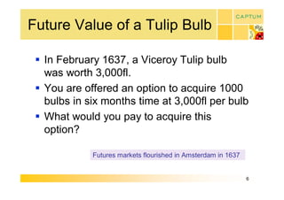 Future Value of a Tulip Bulb 

 §  In February 1637, a Viceroy Tulip bulb 
    was worth 3,000fl. 
 §  You are offered an option to acquire 1000 
    bulbs in six months time at 3,000fl per bulb 
 §  What would you pay to acquire this 
    option? 

             Futures markets flourished in Amsterdam in 1637


                                                               6 
 