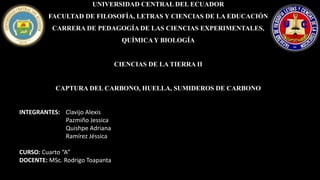 UNIVERSIDAD CENTRAL DEL ECUADOR
FACULTAD DE FILOSOFÍA, LETRAS Y CIENCIAS DE LA EDUCACIÓN
CARRERA DE PEDAGOGÍA DE LAS CIENCIAS EXPERIMENTALES,
QUÍMICAY BIOLOGÍA
CIENCIAS DE LA TIERRA II
CAPTURA DEL CARBONO, HUELLA, SUMIDEROS DE CARBONO
INTEGRANTES: Clavijo Alexis
Pazmiño Jessica
Quishpe Adriana
Ramírez Jéssica
CURSO: Cuarto “A”
DOCENTE: MSc. Rodrigo Toapanta
 