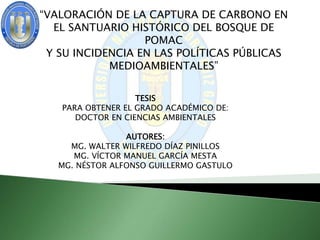 “VALORACIÓN DE LA CAPTURA DE CARBONO EN
EL SANTUARIO HISTÓRICO DEL BOSQUE DE
POMAC
Y SU INCIDENCIA EN LAS POLÍTICAS PÚBLICAS
MEDIOAMBIENTALES”
TESIS
PARA OBTENER EL GRADO ACADÉMICO DE:
DOCTOR EN CIENCIAS AMBIENTALES
AUTORES:
MG. WALTER WILFREDO DÍAZ PINILLOS
MG. VÍCTOR MANUEL GARCÍA MESTA
MG. NÉSTOR ALFONSO GUILLERMO GASTULO
 