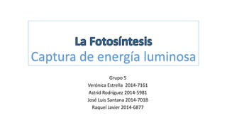Captura de energía luminosa
Grupo 5
Verónica Estrella 2014-7161
Astrid Rodríguez 2014-5981
José Luis Santana 2014-7018
Raquel Javier 2014-6877
 