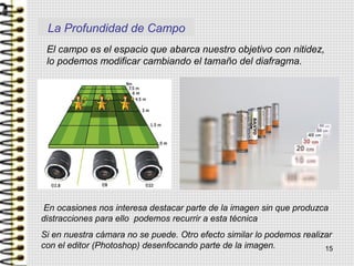 La Profundidad de Campo
El campo es el espacio que abarca nuestro objetivo con nitidez,
lo podemos modificar cambiando el tamaño del diafragma.
En ocasiones nos interesa destacar parte de la imagen sin que produzca
distracciones para ello podemos recurrir a esta técnica
Si en nuestra cámara no se puede. Otro efecto similar lo podemos realizar
con el editor (Photoshop) desenfocando parte de la imagen. 15
 