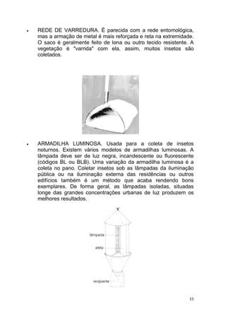 15
 REDE DE VARREDURA. É parecida com a rede entomológica,
mas a armação de metal é mais reforçada e reta na extremidade.
O saco é geralmente feito de lona ou outro tecido resistente. A
vegetação é "varrida" com ela, assim, muitos insetos são
coletados.
 ARMADILHA LUMINOSA. Usada para a coleta de insetos
noturnos. Existem vários modelos de armadilhas luminosas. A
lâmpada deve ser de luz negra, incandescente ou fluorescente
(códigos BL ou BLB). Uma variação da armadilha luminosa é a
coleta no pano. Coletar insetos sob as lâmpadas da iluminação
pública ou na iluminação externa das residências ou outros
edifícios também é um método que acaba rendendo bons
exemplares. De forma geral, as lâmpadas isoladas, situadas
longe das grandes concentrações urbanas de luz produzem os
melhores resultados.
 