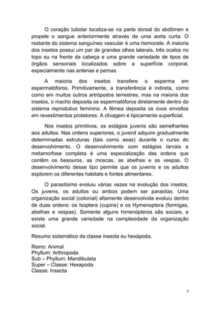 7
O coração tubolar localiza-se na parte dorsal do abdômen e
propele o sangue anteriormente através de uma aorta curta. O
restante do sistema sanguíneo vascular é uma hemocele. A maioria
dos insetos possui um par de grandes olhos laterais, três ocelos no
topo ou na frente da cabeça e uma grande variedade de tipos de
órgãos sensoriais localizados sobre a superfície corporal,
especialmente nas antenas e pernas.
A maioria dos insetos transfere o esperma em
espermatóforos. Primitivamente, a transferência é indireta, como
como em muitos outros artrópodos terrestres, mas na maioria dos
insetos, o macho deposita os espermatóforos diretamente dentro do
sistema reprodutivo feminino. A fêmea deposita os ovos envoltos
em revestimentos protetores. A clivagem é tipicamente superficial.
Nos insetos primitivos, os estágios juvenis são semelhantes
aos adultos. Nas ordens superiores, o juvenil adquire gradualmente
determinadas estruturas (tais como asas) durante o curso do
desenvolvimento. O desenvolvimento com estágios larvais e
metamorfose completa é uma especialização das ordens que
contêm os besouros, as moscas, as abelhas e as vespas. O
desenvolvimento desse tipo permite que os juvenis e os adultos
explorem os diferentes habitats e fontes alimentares.
O parasitismo evoluiu várias vezes na evolução dos insetos.
Os juvenis, os adultos ou ambos podem ser parasitas. Uma
organização social (colonial) altamente desenvolvida evoluiu dentro
de duas ordens: os Isoptera (cupins) e os Hymenoptera (formigas,
abelhas e vespas). Somente alguns himenópteros são sociais, e
existe uma grande variedade na complexidade da organização
social.
Resumo sistemático da classe insecta ou hexápoda.
Reino: Animal
Phyllum: Arthropoda
Sub – Phyllum: Mandibulata
Super – Classe: Hexapoda
Classe: Insecta
 