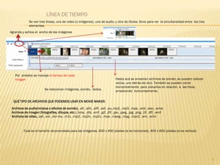 Agranda y achica el ancho de las imágenes
Por arrastre se maneja el tiempo de cada
imagen
Se relacionan imágenes, sonido, textos.
Se ven tres líneas, una de video (o imágenes), una de audio, y otra de títulos. Sirve para ver la simultaneidad entre los tres
elementes.
Hasta acá se arrastran archivos de sonido, se pueden colocar
varios, uno detrás de otro. También se pueden correr
horizontalmente para ubicarlos en relación a las fotos,
arrastrando horizontalmente.
6
LÍNEA DE TIEMPO
Archivos de audio(música o efectos de sonido), .aif, .aifc, .aiff, .asf, .au,.mp2, .mp3, .mpa, .snd, .wav, .wma.
Archivos de imagen (fotografías, dibujos, etc.) .bmp, .dib, .emf, .gif, .jfif, .jpe, .jpeg, .jpg, .png, .tif, .tiff, .wmf
Archivos de vídeo, .asf, .avi, .dvr-ms, .m1v, .mp2, .mp2v, .mp2v, .mpe, .mpeg, .mpg, .mpv2, .wm, .wmv
Cuál es el tamaño recomendado para las imágenes, 600 x 400 píxeles (si es horizontal), 400 x 600 píxeles (si es vertical).
QUÉ TIPO DE ARCHIVOS QUE PODEMOS USAR EN MOVIE MAKER:
 