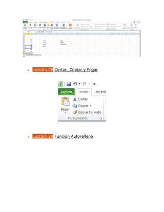  Lección 28 Cortar, Copiar y Pegar
 Lección 29 Función Autorelleno
 