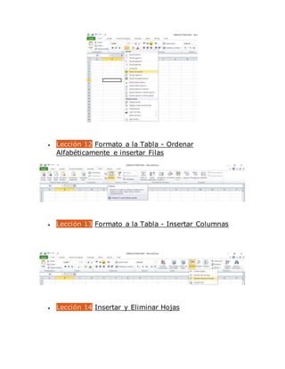  Lección 12 Formato a la Tabla - Ordenar
Alfabéticamente e insertar Filas
 Lección 13 Formato a la Tabla - Insertar Columnas
 Lección 14 Insertar y Eliminar Hojas
 