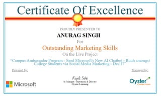 Certificate of Excellence for Outstanding Marketing Skills