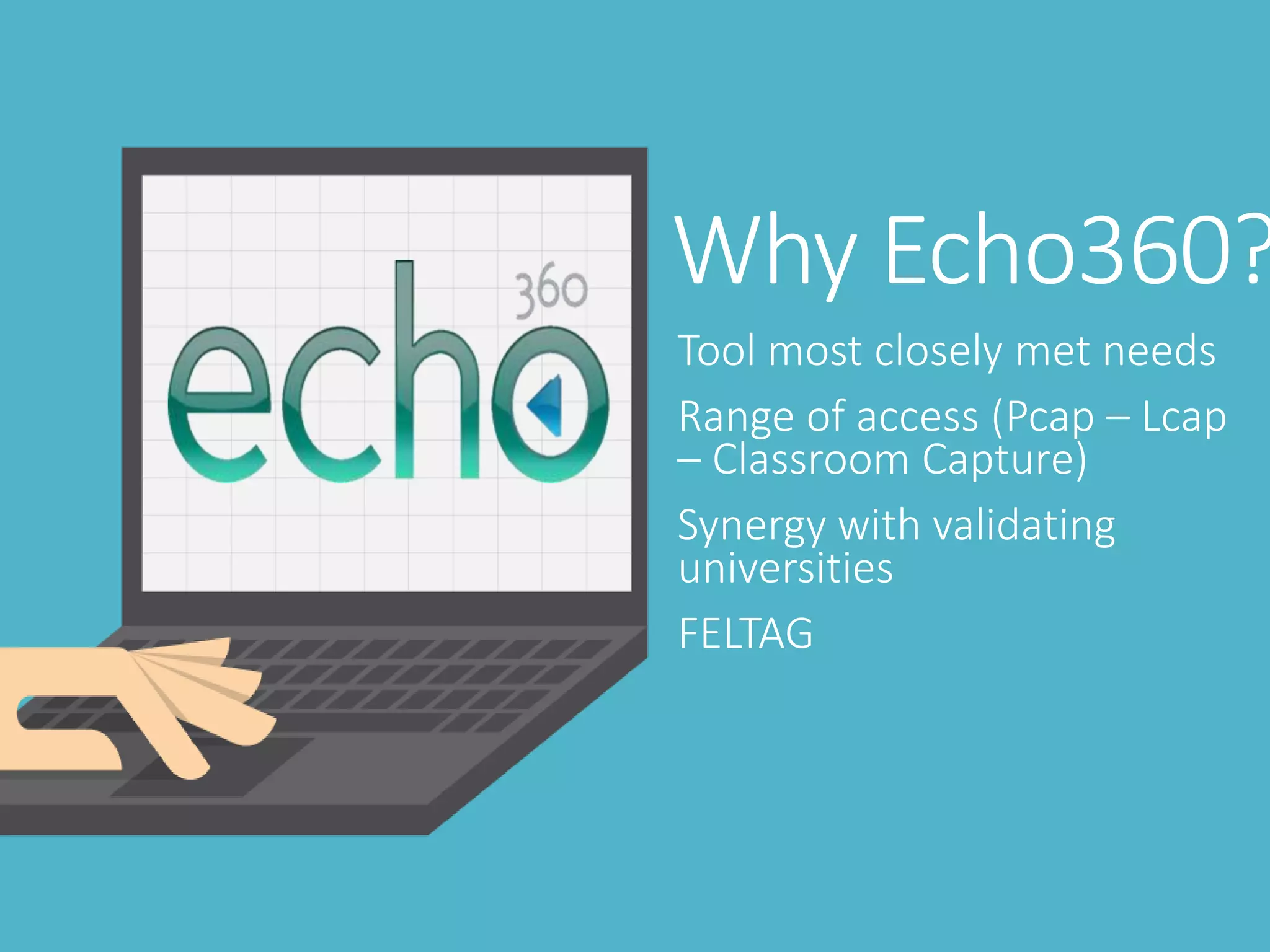 Why Echo360?
Tool most closely met needs
Range of access (Pcap – Lcap
– Classroom Capture)
Synergy with validating
universities
FELTAG
 
