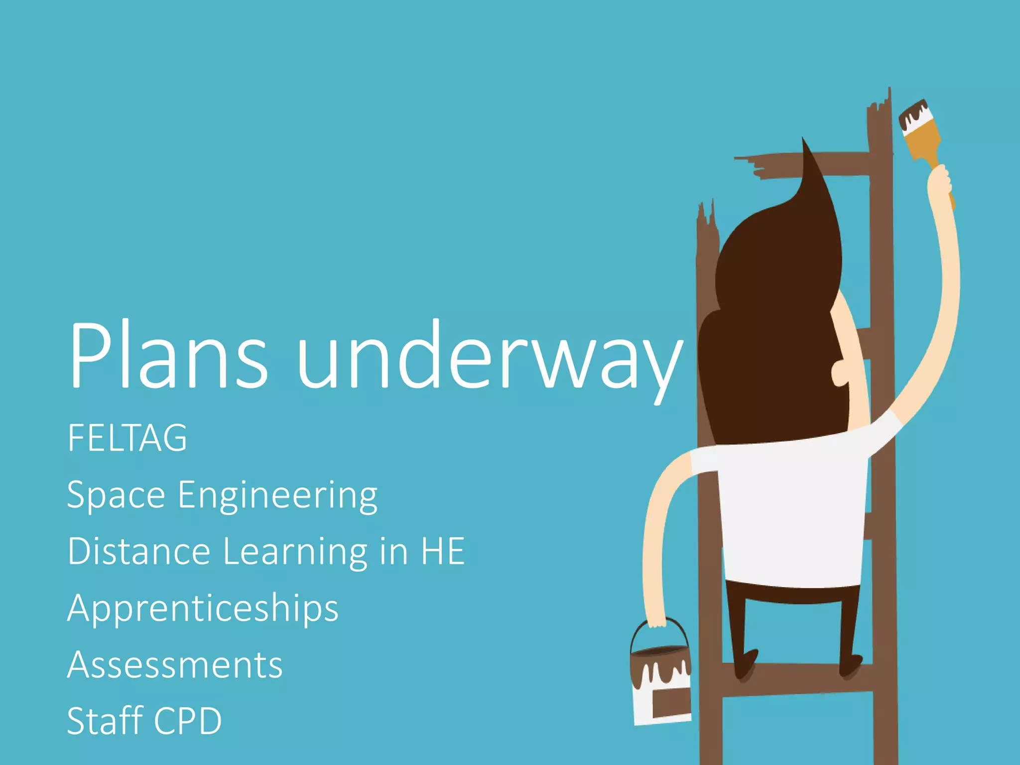 Plans underway
FELTAG
Space Engineering
Distance Learning in HE
Apprenticeships
Assessments
Staff CPD
 