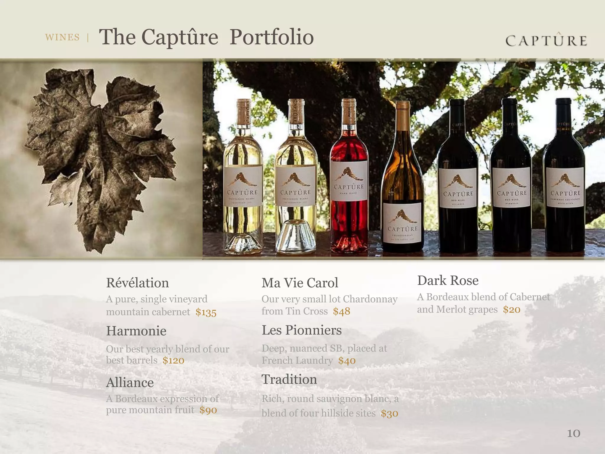Révélation                     Ma Vie Carol                       Dark Rose
A pure, single vineyard        Our very small lot Chardonnay      A Bordeaux blend of Cabernet
mountain cabernet $135         from Tin Cross $48                 and Merlot grapes $20

Harmonie                       Les Pionniers
Our best yearly blend of our   Deep, nuanced SB, placed at
best barrels $120              French Laundry $40

Alliance                       Tradition
A Bordeaux expression of       Rich, round sauvignon blanc, a
pure mountain fruit $90        blend of four hillside sites $30

                                                                                                 10
 