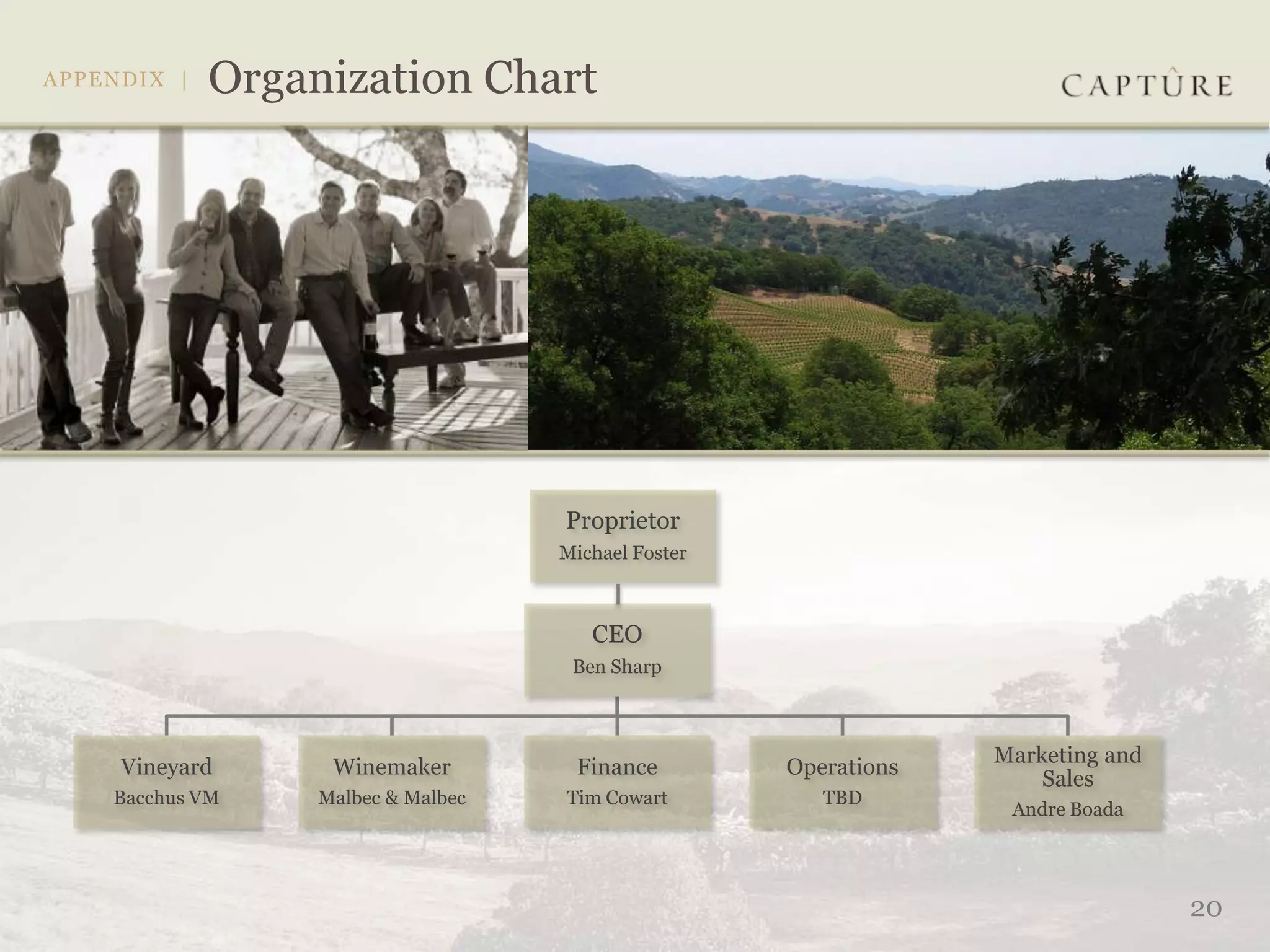 Proprietor
                               Michael Foster



                                  CEO
                                Ben Sharp



                                                             Marketing and
Vineyard      Winemaker         Finance         Operations
                                                                 Sales
Bacchus VM   Malbec & Malbec   Tim Cowart          TBD
                                                              Andre Boada




                                                                             20
 