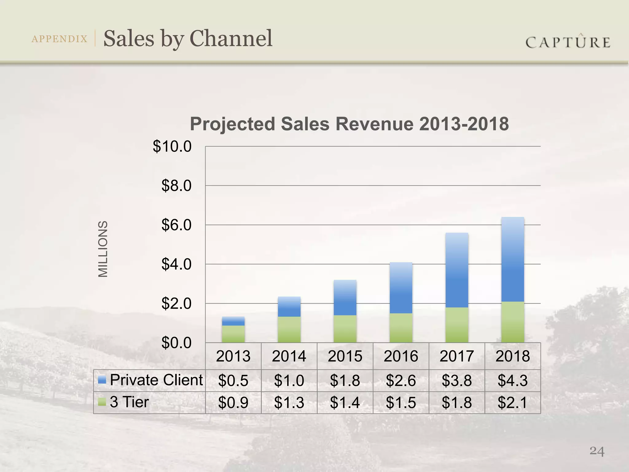 Projected Sales Revenue 2013-2018
                $10.0

                  $8.0

                  $6.0
MILLIONS




                  $4.0

                  $2.0

                  $0.0
                         2013    2014   2015   2016   2017   2018
           Private Client $0.5   $1.0   $1.8   $2.6   $3.8   $4.3
           3 Tier         $0.9   $1.3   $1.4   $1.5   $1.8   $2.1

                                                                    24
 