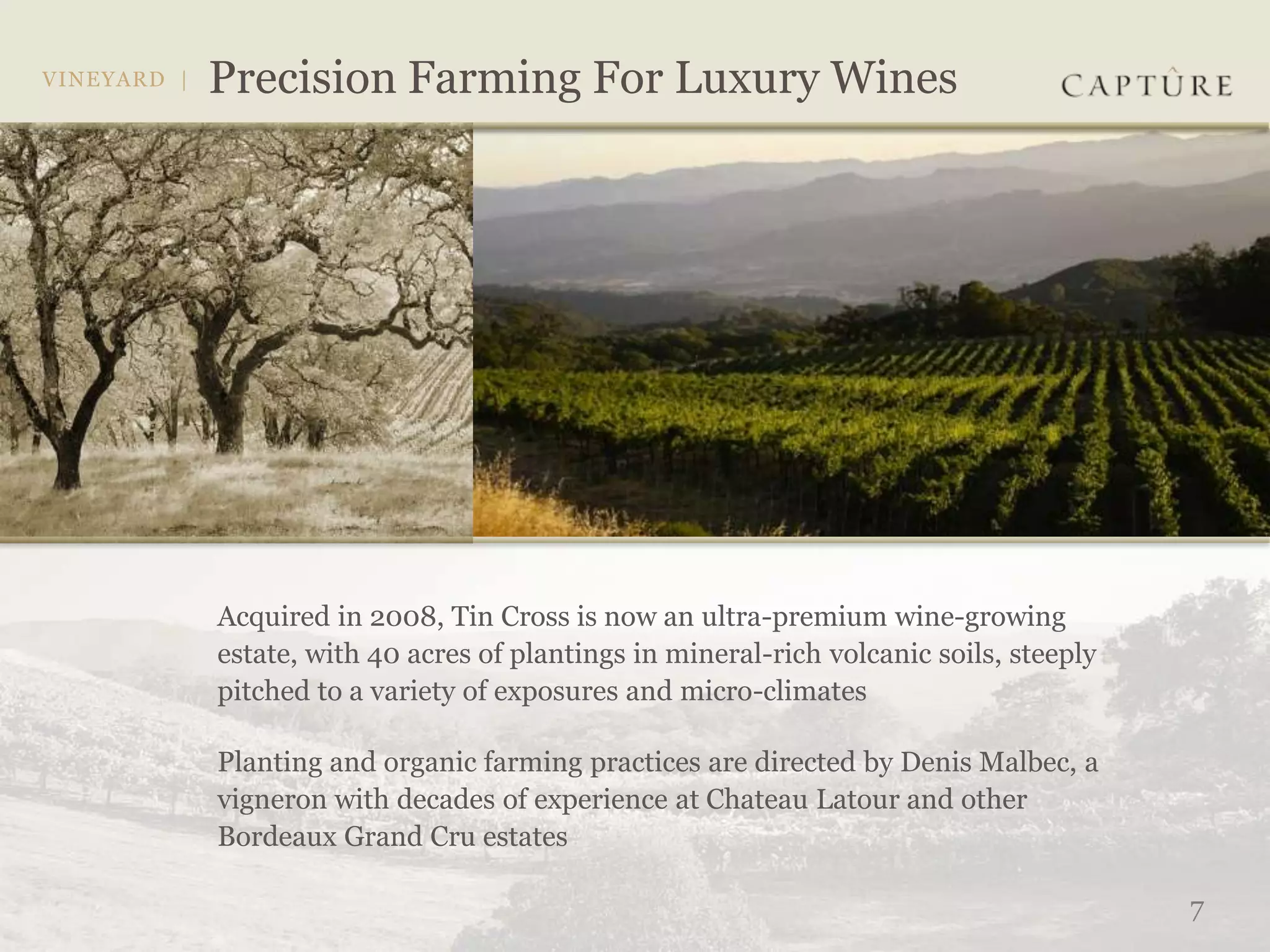 Acquired in 2008, Tin Cross is now an ultra-premium wine-growing
estate, with 40 acres of plantings in mineral-rich volcanic soils, steeply
pitched to a variety of exposures and micro-climates

Planting and organic farming practices are directed by Denis Malbec, a
vigneron with decades of experience at Chateau Latour and other
Bordeaux Grand Cru estates

                                                                             7
 
