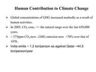 Human Contribution to Climate Change 
 Global concentrations of GHG increased markedly as a result of 
human activities. 
 In 2005, CO2 conc. >> the natural range over the last 650,000 
years. 
 > 375ppm CO2 now ; GHG emission now >70% over that of 
1970. 
 India emits ~ 1.2 ton/person as against Qatar ~44.5 
ton/person/year 
 