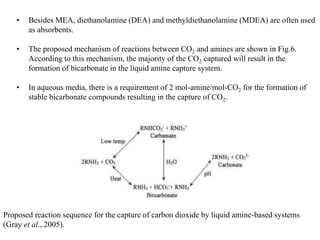 • Besides MEA, diethanolamine (DEA) and methyldiethanolamine (MDEA) are often used 
as absorbents. 
• The proposed mechanism of reactions between CO2 and amines are shown in Fig.6. 
According to this mechanism, the majority of the CO2 captured will result in the 
formation of bicarbonate in the liquid amine capture system. 
• In aqueous media, there is a requirement of 2 mol-amine/mol-CO2 for the formation of 
stable bicarbonate compounds resulting in the capture of CO2. 
Proposed reaction sequence for the capture of carbon dioxide by liquid amine-based systems 
(Gray et al., 2005). 
 