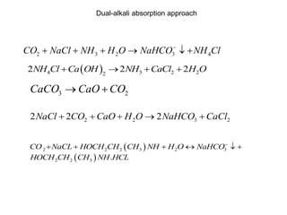 Dual-alkali absorption approach 
2 3 2 3 4 CO NaCl NH H O NaHCO NH Cl        
4  2 3 2 2 
2NH Cl Ca OH 2NH CaCl 2H O 
3 2 CaCO CaOCO 
2 2 3 2 2NaCl  2CO CaO H O2NaHCO CaCl 
       
  
CO NaCL HOCH CH CH NH H O NaHCO 
HOCH CH CH NH HCL 
2 2 2 3 2 3 
  
2 2 3 . 
 