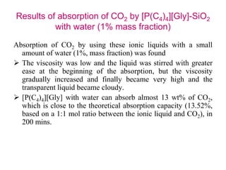 Results of absorption of CO2 by [P(C4)4][Gly]-SiO2 
with water (1% mass fraction) 
Absorption of CO2 by using these ionic liquids with a small 
amount of water (1%, mass fraction) was found 
 The viscosity was low and the liquid was stirred with greater 
ease at the beginning of the absorption, but the viscosity 
gradually increased and finally became very high and the 
transparent liquid became cloudy. 
 [P(C4)4][Gly] with water can absorb almost 13 wt% of CO2, 
which is close to the theoretical absorption capacity (13.52%, 
based on a 1:1 mol ratio between the ionic liquid and CO2), in 
200 mins. 
 