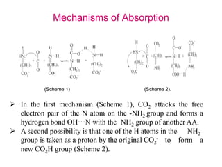 Mechanisms of Absorption 
(Scheme 1) (Scheme 2). 
 In the first mechanism (Scheme 1), CO2 attacks the free 
electron pair of the N atom on the -NH2 group and forms a 
hydrogen bond OH···N with the NH2 group of another AA. 
 A second possibility is that one of the H atoms in the NH2 
group is taken as a proton by the original CO2 
- to form a 
new CO2H group (Scheme 2). 
 