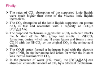 Finally; 
 The rates of CO2 absorption of the supported ionic liquids 
were much higher than those of the viscous ionic liquids 
themselves. 
 The CO2 absorption of the ionic liquids supported on porous 
SiO2 is fast and reversible with a capacity of 1CO2/2 
[P(C4)4][AA]. 
 The proposed mechanism suggests that a CO2 molecule attacks 
the N atom of the NHgroup and results in -NHCO2 2 
formation, during which one H atom leaves and forms a new 
COH with the NHCO- or the original COin the amino acid 
22 
2 anion. 
 The CO2H group formed a hydrogen bond with the electron 
pair of NH2 in another amino acid anion for which the N atom 
was inert to reaction with CO2. 
 In the presence of water (1%, mass), the [P(C4)4][AA] can 
absorb an equimolar amount of CO2 by a different mechanism. 
 